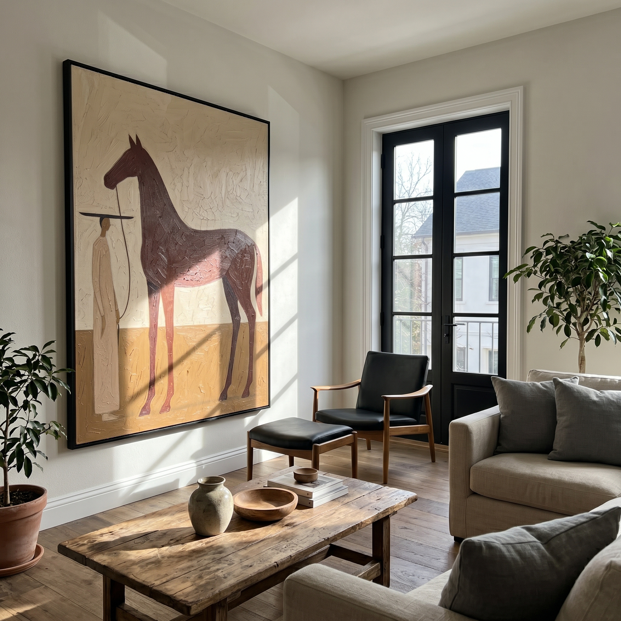 The Groom – Vintage Americana Minimalist Figure & Chestnut Horse Painting | Wabi-Sabi Hallway Art