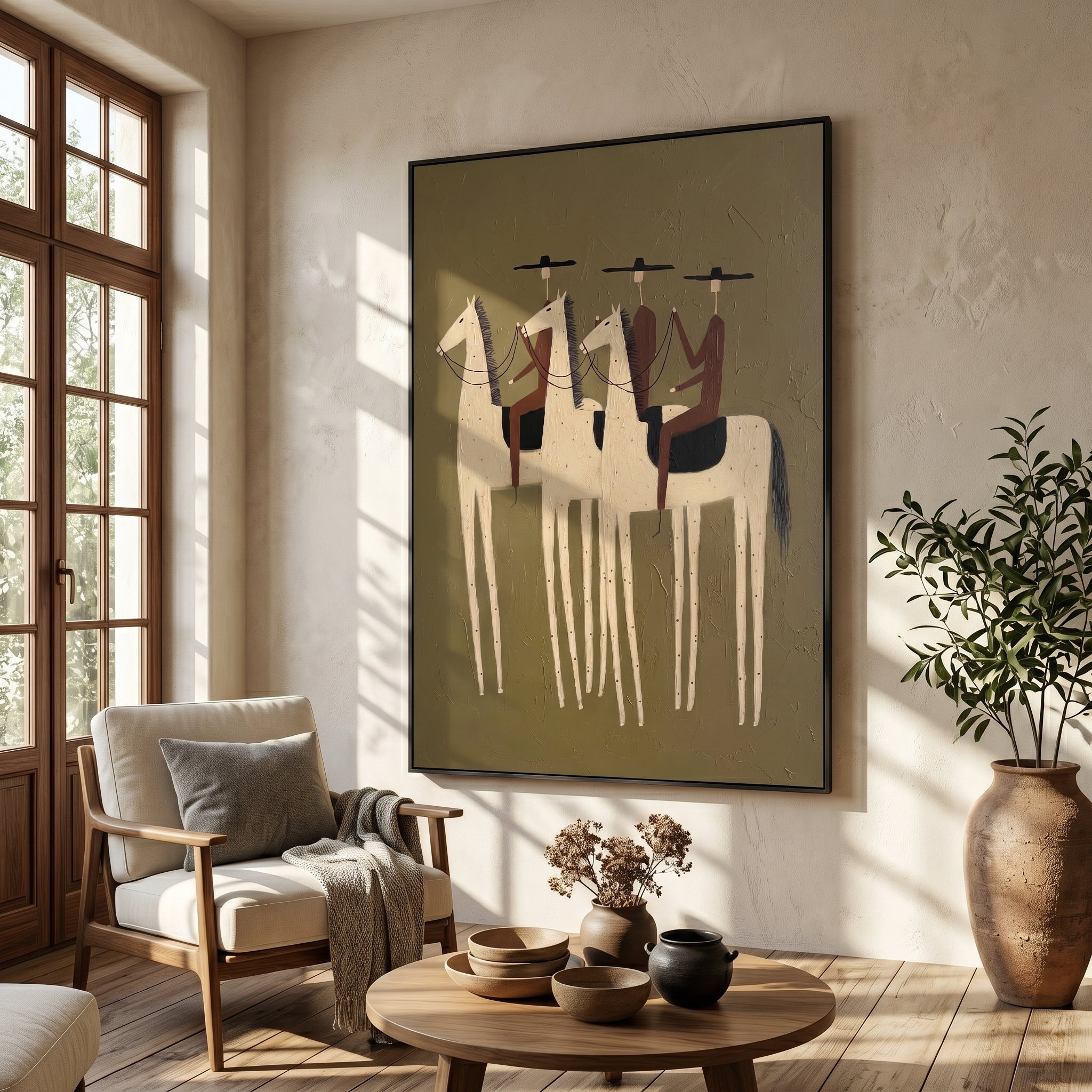 Three White Horses – Vintage Americana Three Riders on Pale Horses Painting | Rustic Living Room Art