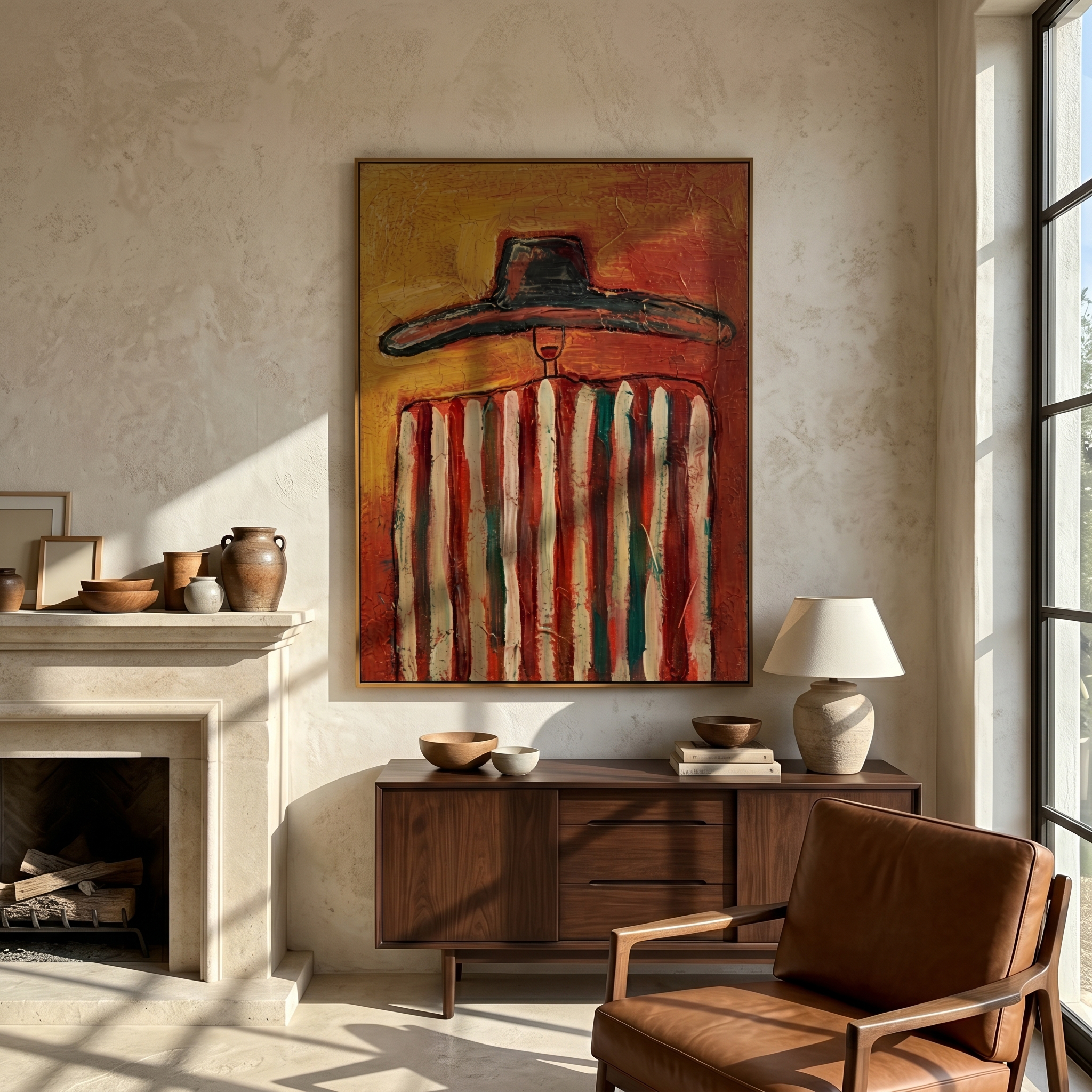 The Red Sombrero – Vintage Americana Colorful Striped Figure Painting | Bold Western Entryway Art