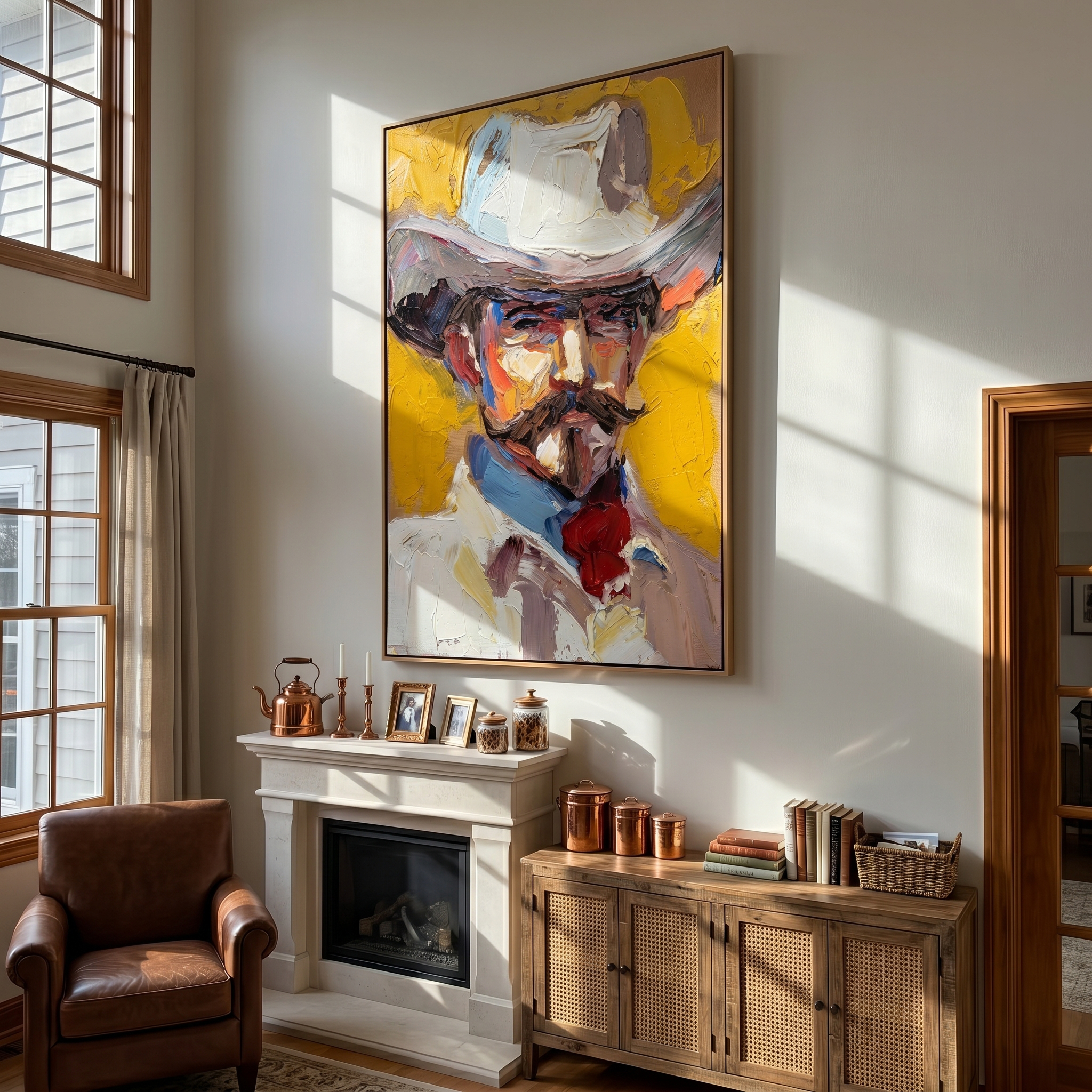 Blue Mustache – Vintage Americana Heavy Impasto Cowboy Portrait Painting | Bold Colorful Living Room Art