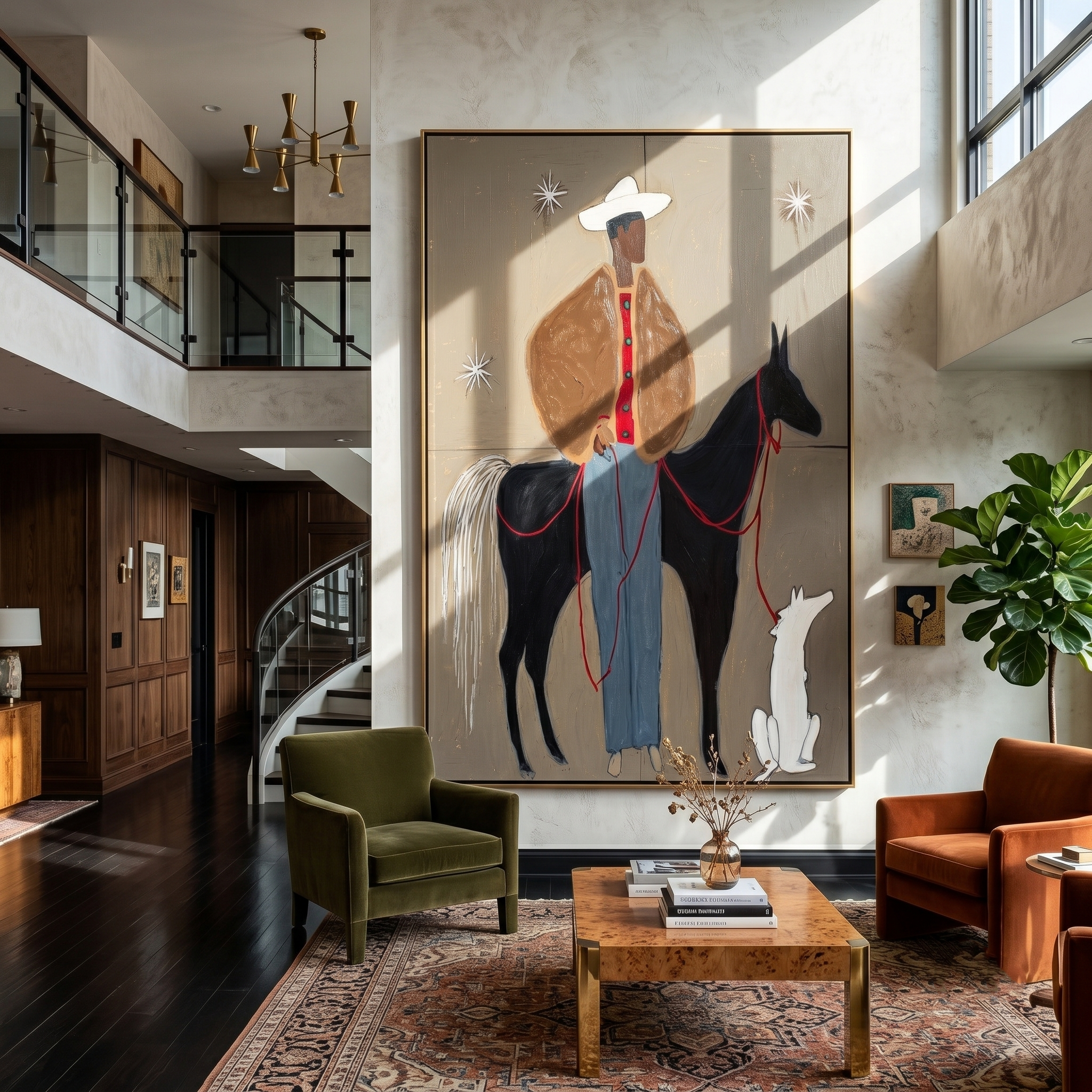 Starlit Companions – Contemporary Folk Art Cowboy & Horse Painting | Textured Wabi-Sabi Western Living Room Art