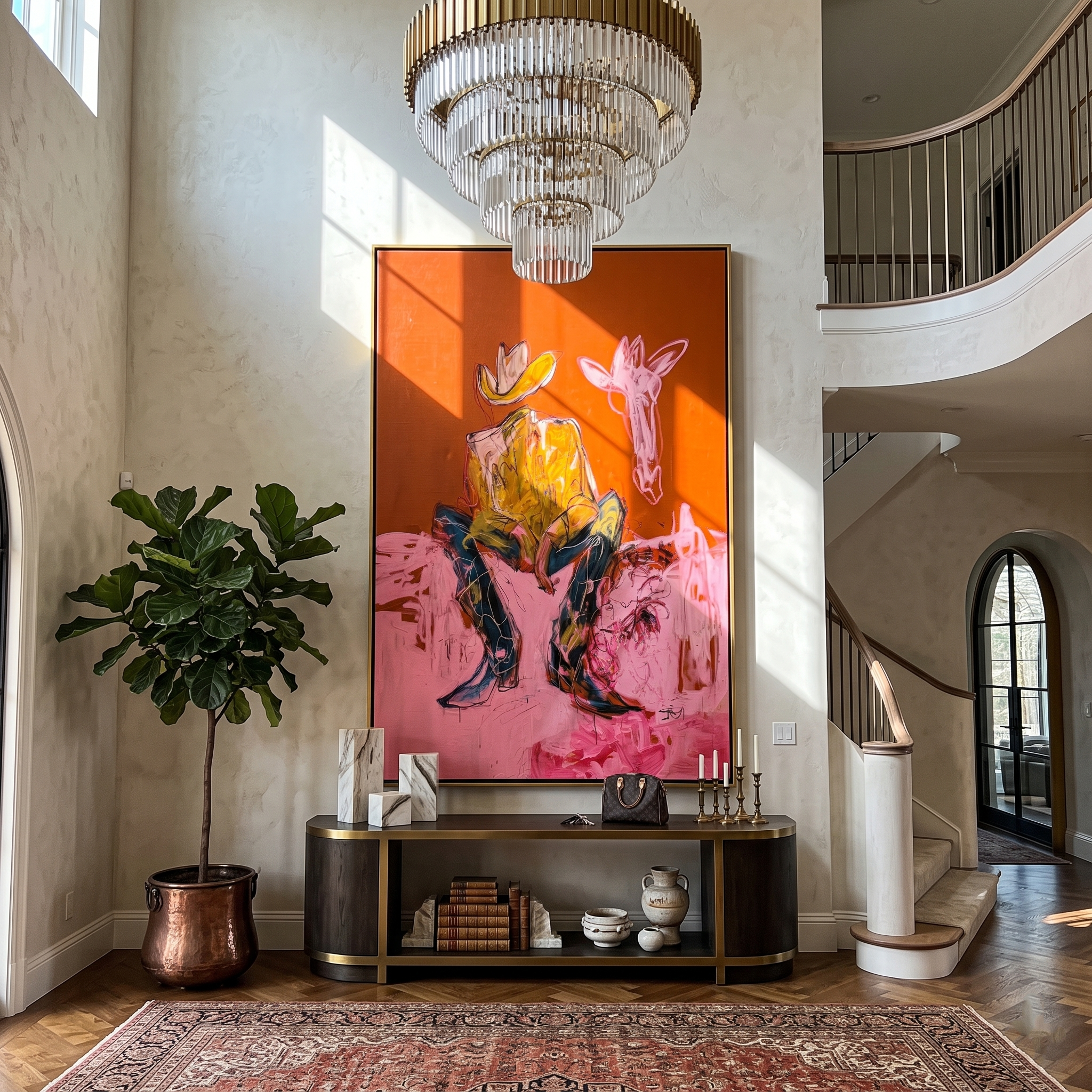 Long Neck Wanderer – Cowboy & Giraffe Painting | Vintage Americana Vertical Art