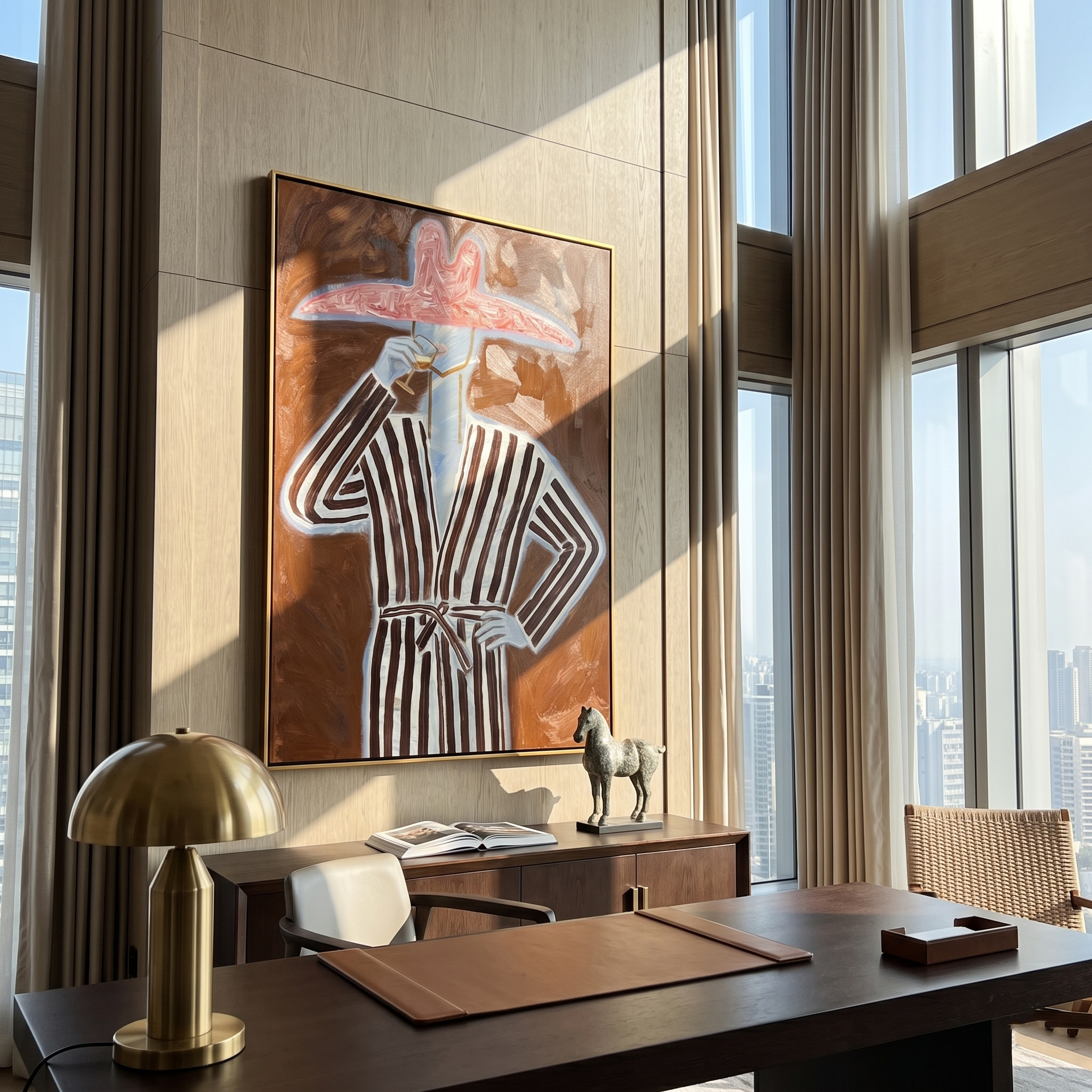 Striped Reverie – Figure in Robe with Pink Hat & Wine Painting | Vintage Americana Vertical Art