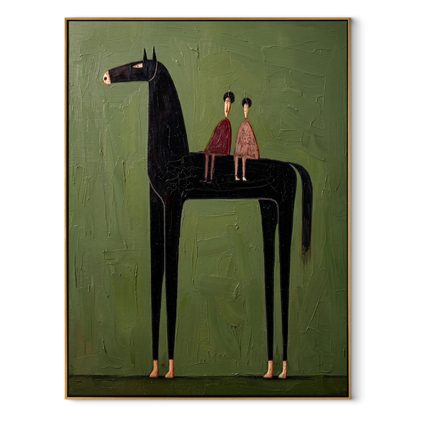 Midnight Horse Companions – Olive Folk Horse Painting | Vintage Americana Vertical Wall Art