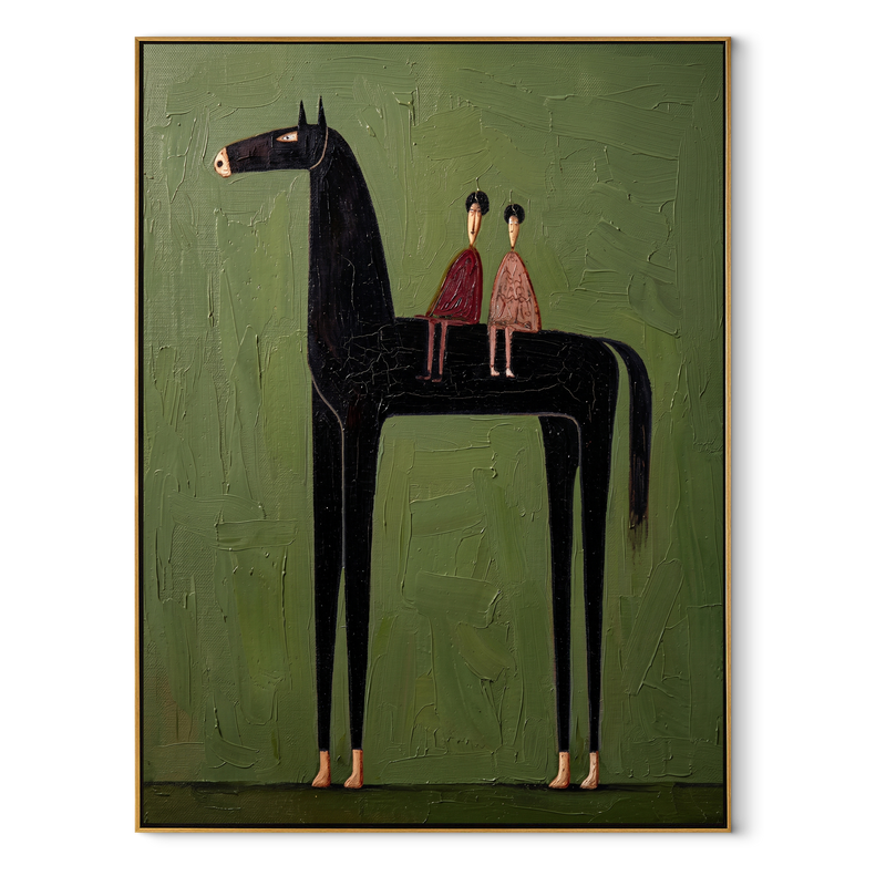 Midnight Horse Companions – Olive Folk Horse Painting | Vintage Americana Vertical Wall Art