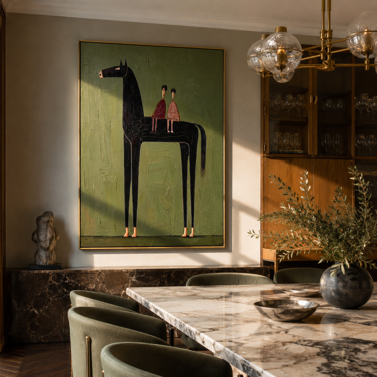 Midnight Horse Companions presented over an entryway console in a contemporary home