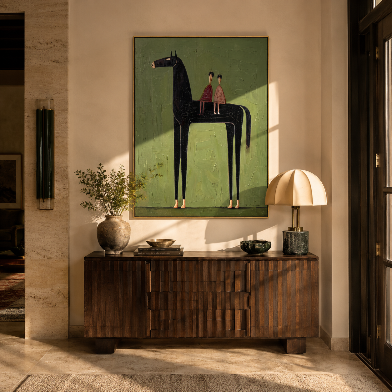 Midnight Horse Companions displayed above a living room sofa in a warm modern interior