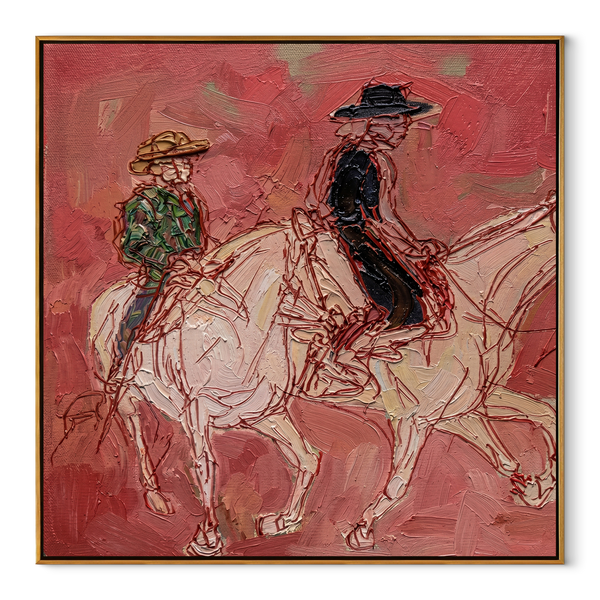 Rosewood Trail Crossing – Coral Horse Riders Painting | Vintage Americana Square Wall Art