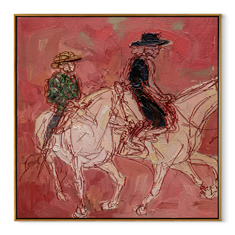 Rosewood Trail Crossing – Coral Horse Riders Painting | Vintage Americana Square Wall Art