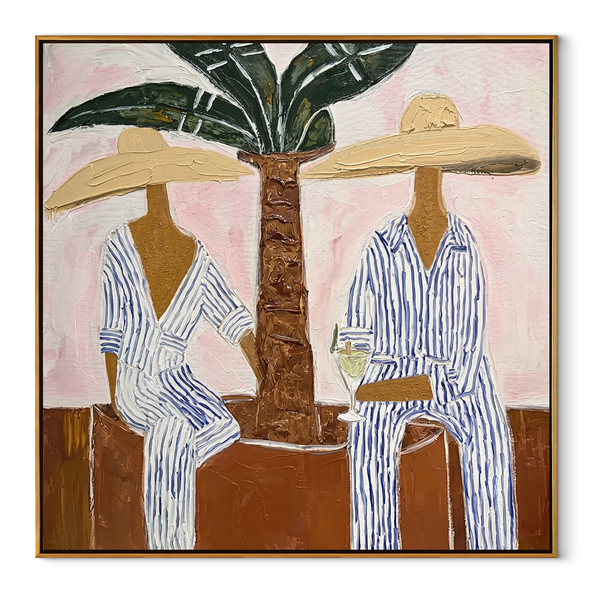 Palm Shade Companions pink folk painting with two striped figures and a palm, square canvas artwork