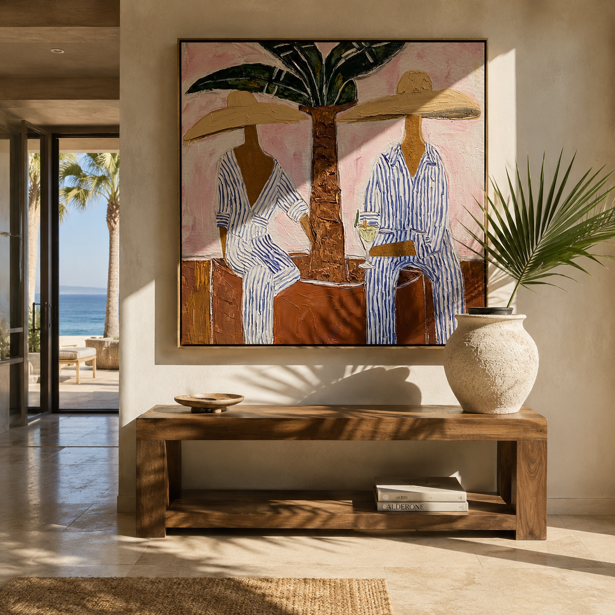Palm Shade Companions presented over an entryway console in a contemporary home