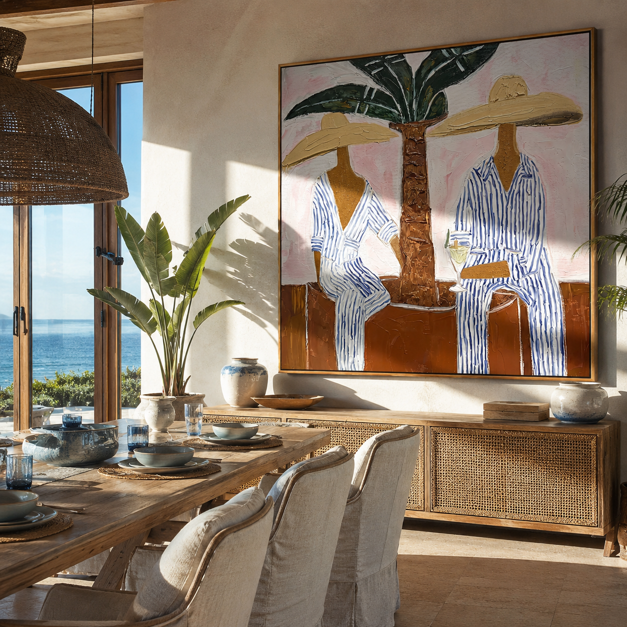 Palm Shade Companions displayed above a living room sofa in a warm modern interior