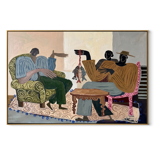 Stories Around the Catch – Earth-Tone Folk Figures Painting | Vintage Americana Horizontal Wall Art