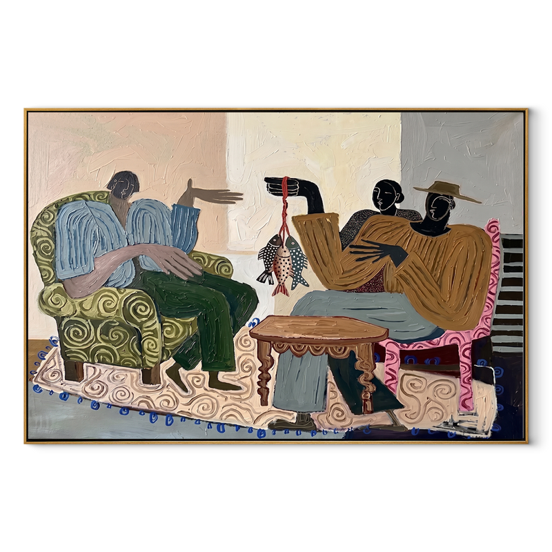 Stories Around the Catch – Earth-Tone Folk Figures Painting | Vintage Americana Horizontal Wall Art