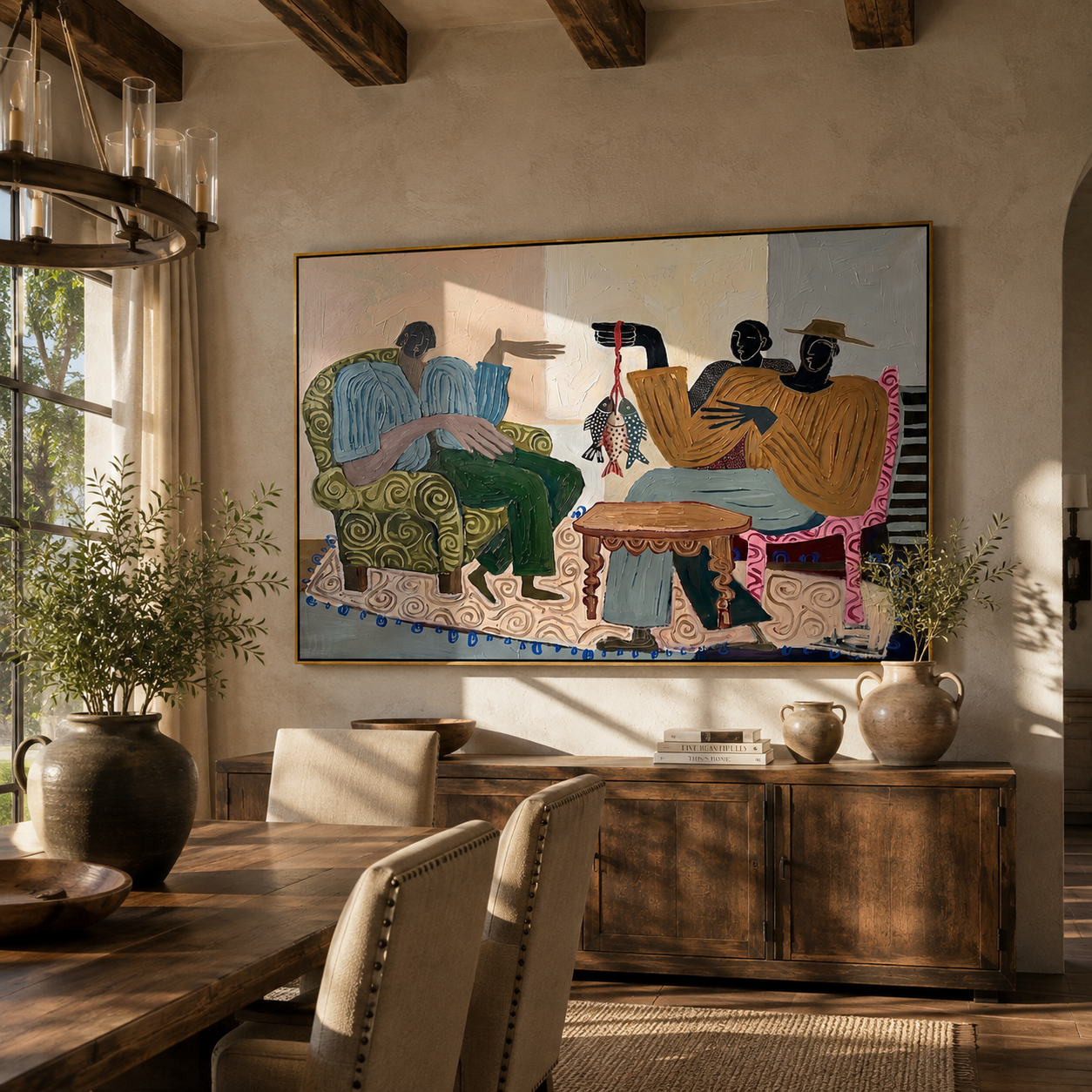 Stories Around the Catch presented over an entryway console in a contemporary home