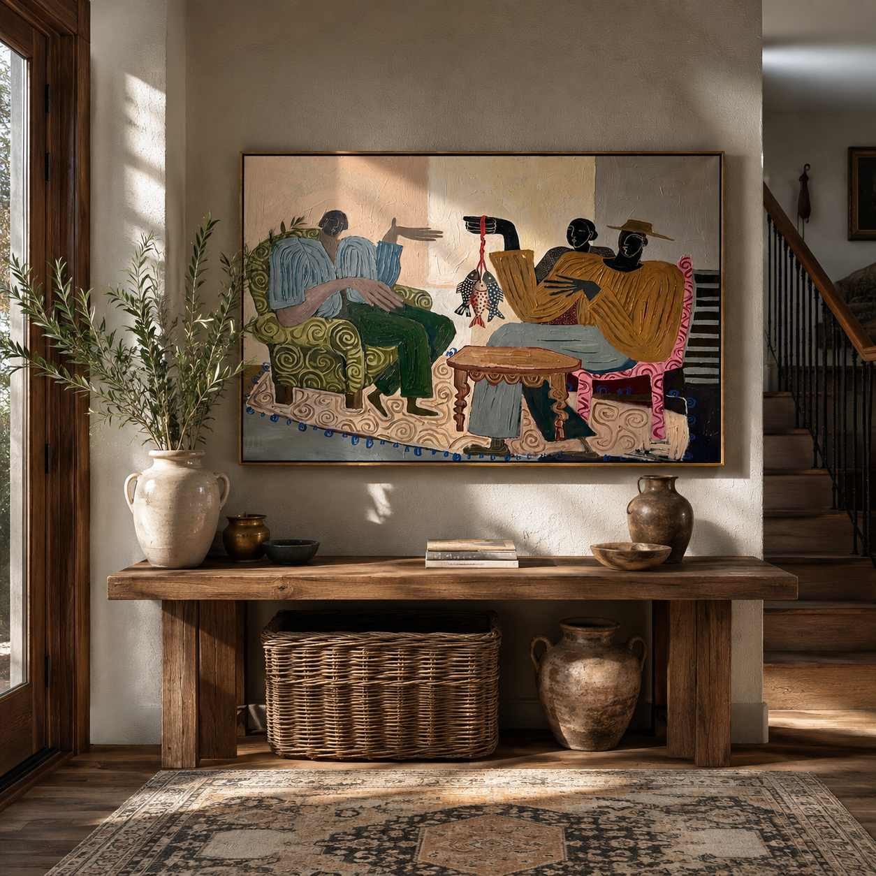 Stories Around the Catch displayed in a dining room with coordinated modern decor