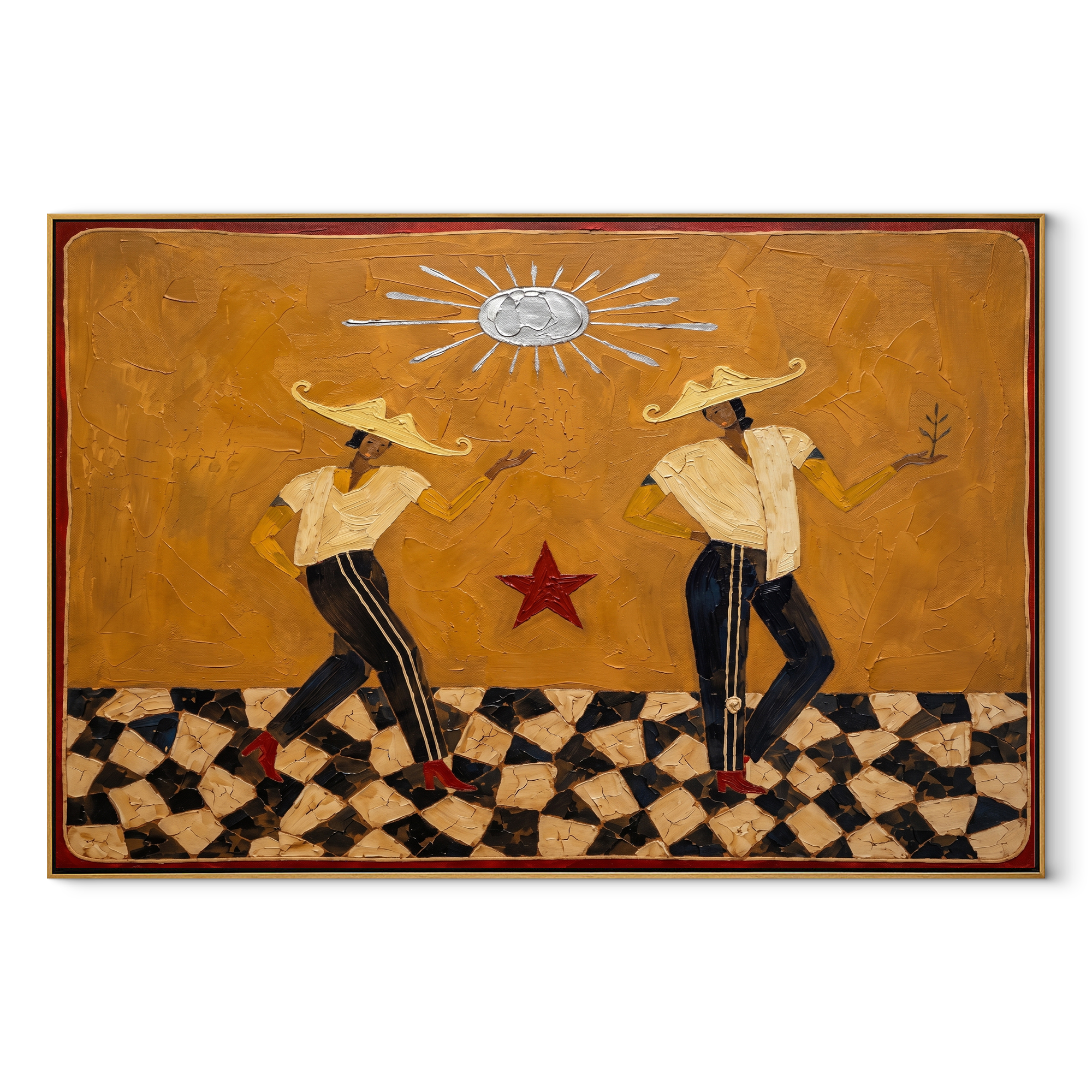Mustard Sun Serenade folk painting with two dancing western figures and red star, horizontal canvas artwork