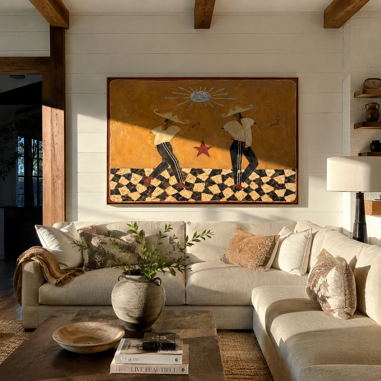 Mustard Sun Serenade styled above a bed in a calm, layered bedroom interior
