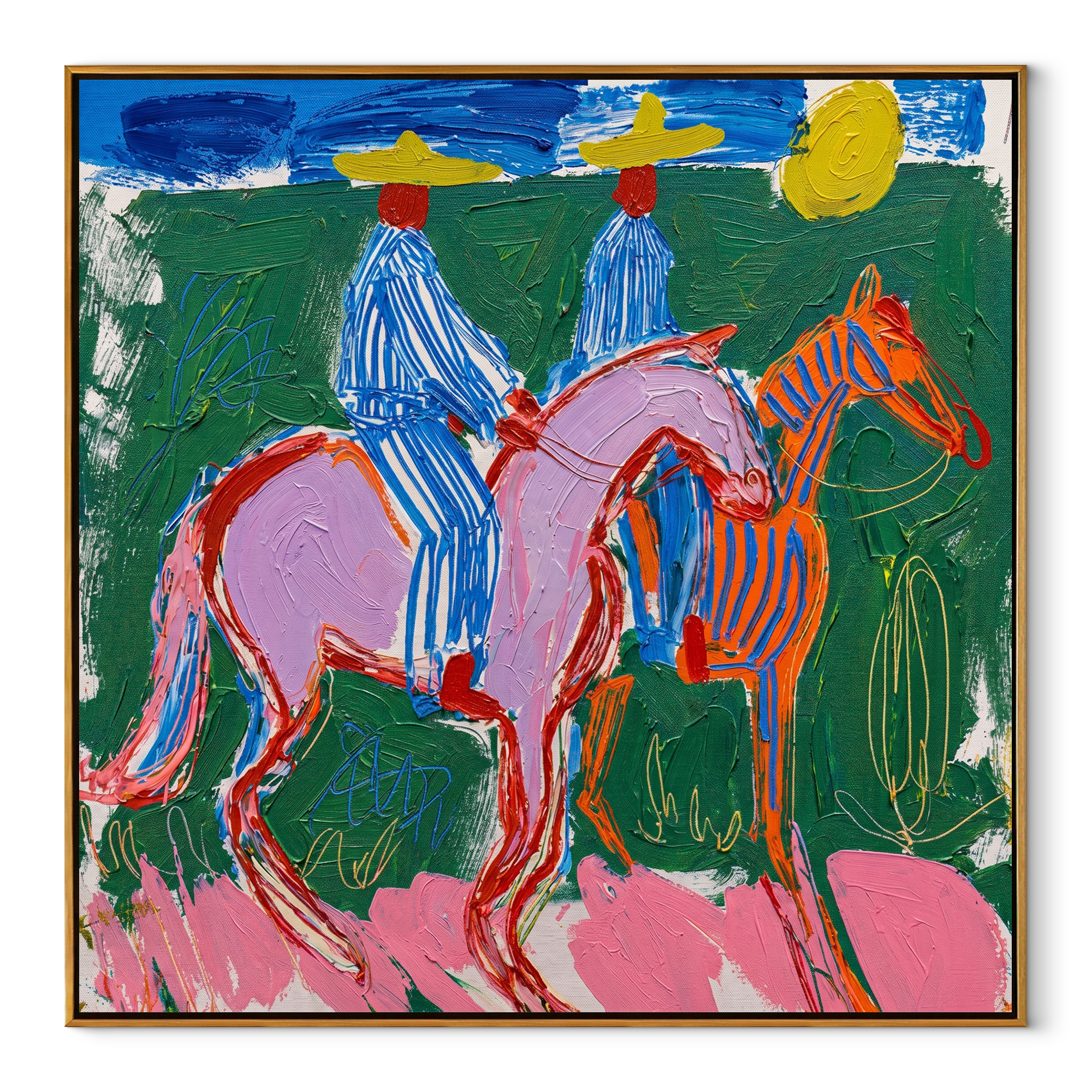 Chromatic Riders Returning colorful folk painting with two riders on bright horses, square canvas artwork
