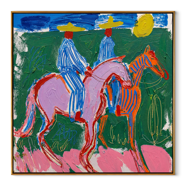 Chromatic Riders Returning – Colorful Horse Riders Painting | Vintage Americana Square Wall Art