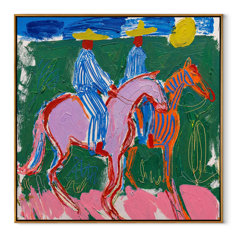 Chromatic Riders Returning – Colorful Horse Riders Painting | Vintage Americana Square Wall Art