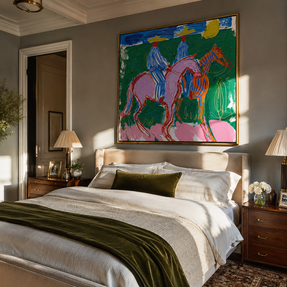 Chromatic Riders Returning presented over an entryway console in a contemporary home