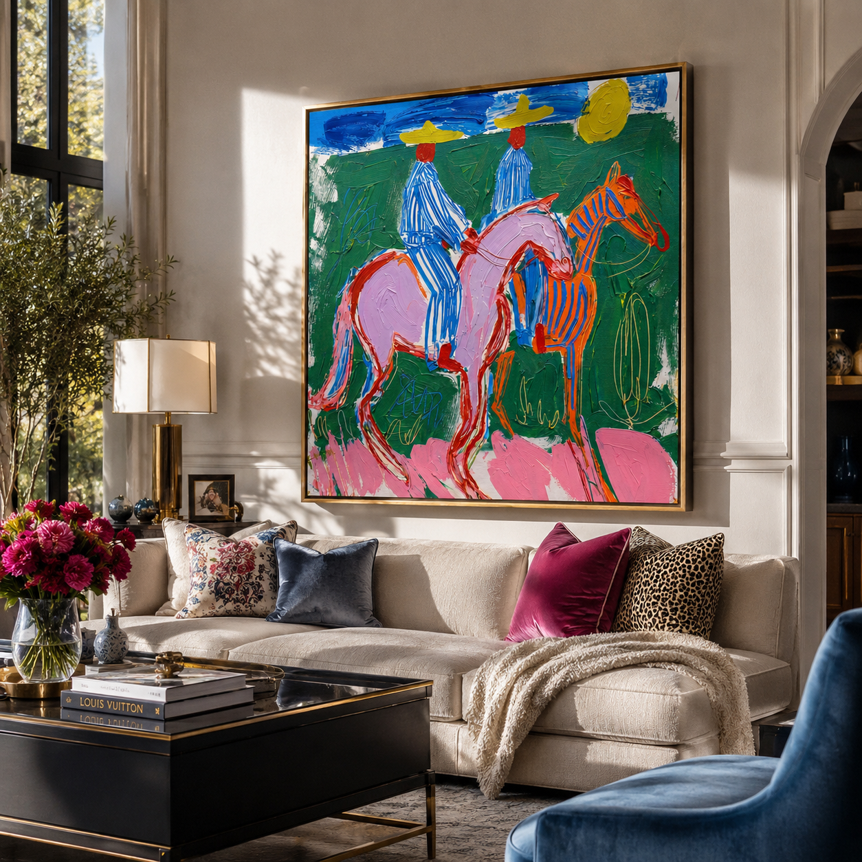 Chromatic Riders Returning displayed above a living room sofa in a warm modern interior