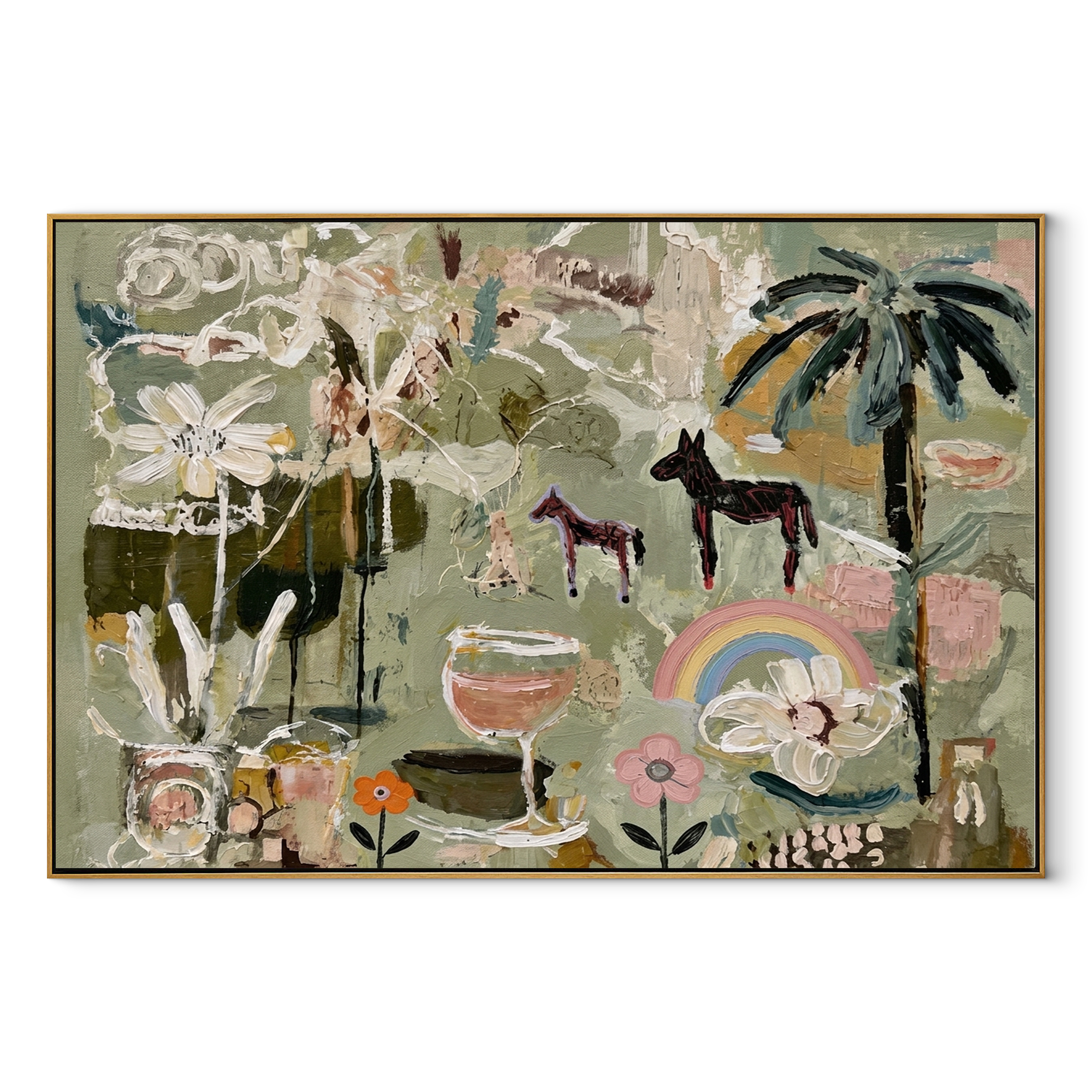 Garden of Small Wonders sage folk still life with flowers horses palm and rainbow, horizontal canvas artwork