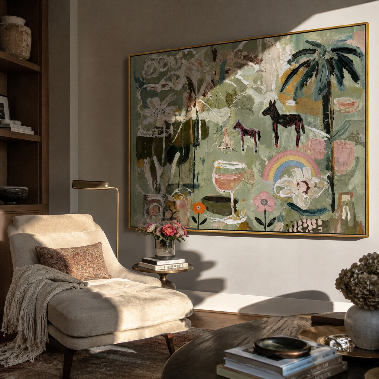 Garden of Small Wonders presented over an entryway console in a contemporary home
