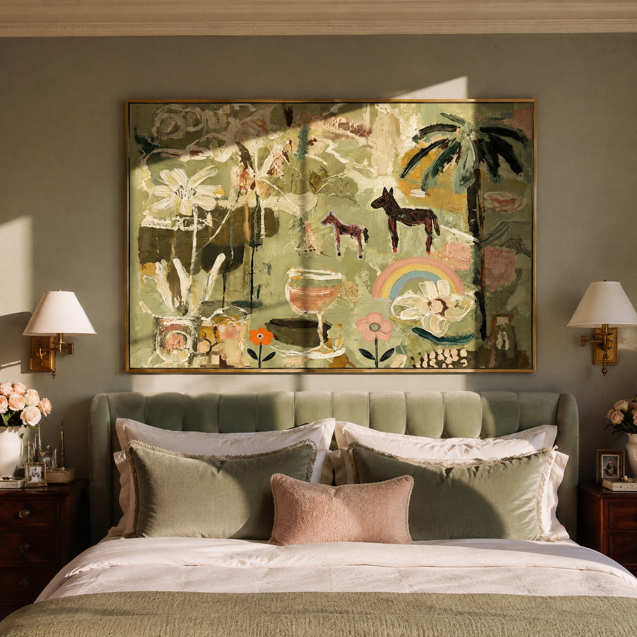Garden of Small Wonders styled above a bed in a calm, layered bedroom interior