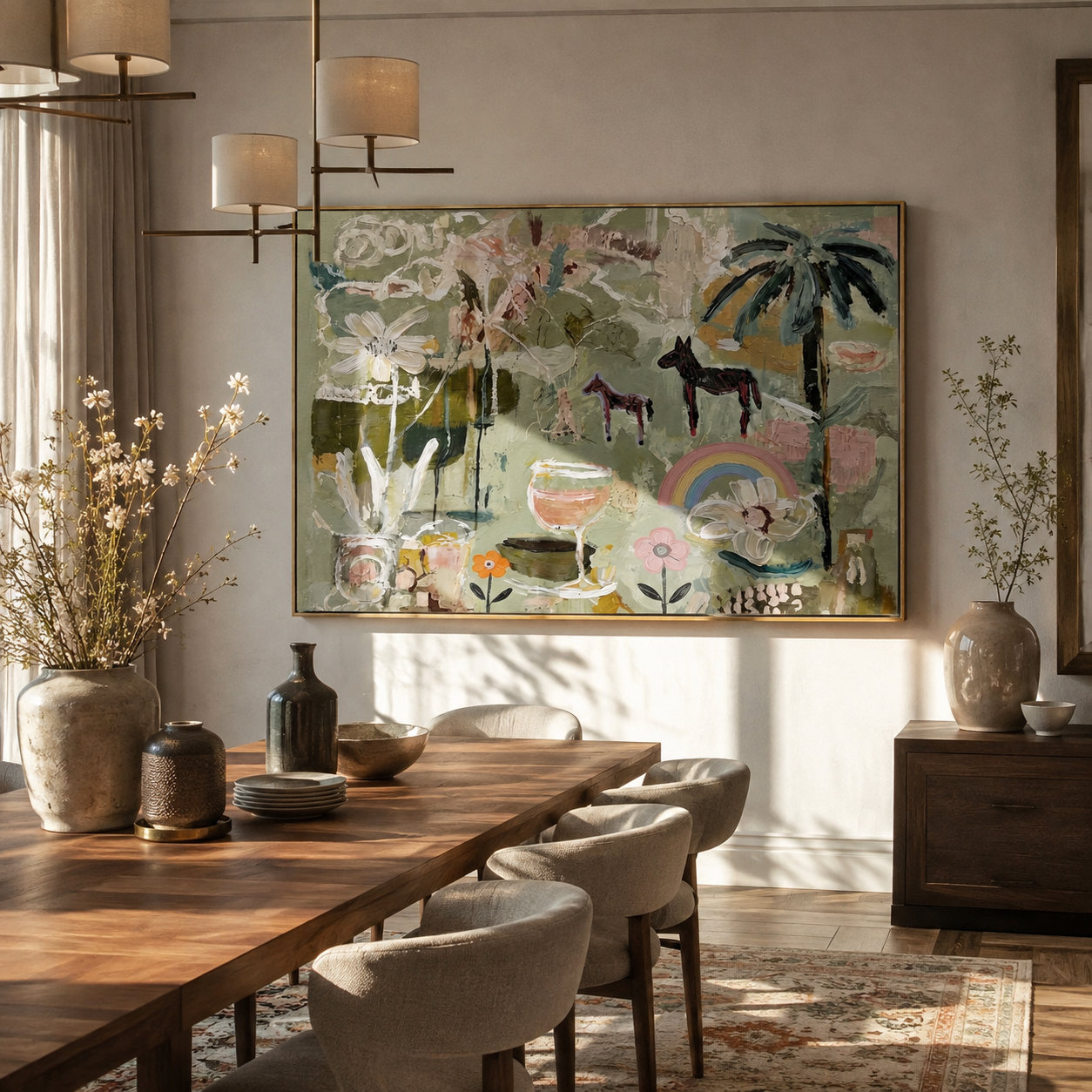 Garden of Small Wonders displayed above a living room sofa in a warm modern interior