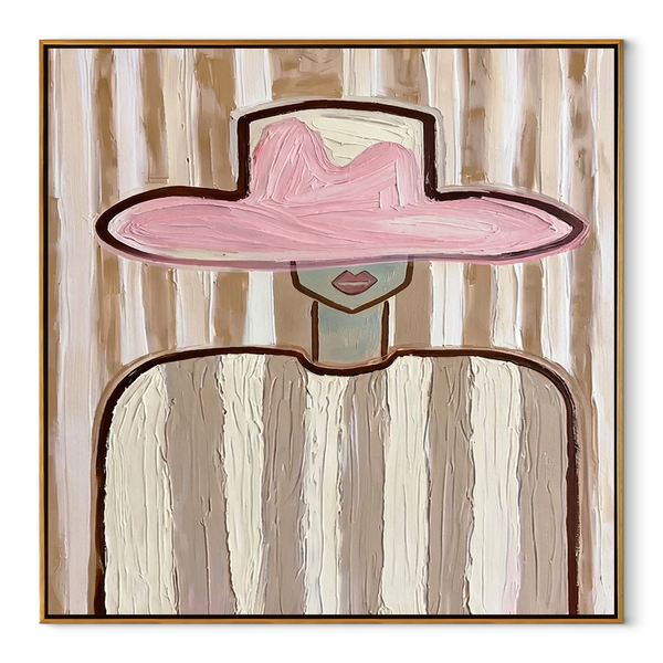 Pink Brim Poise – Blush Western Figure Painting | Minimalist Square Bedroom Wall Art