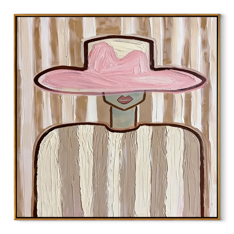 Pink Brim Poise – Blush Western Figure Painting | Minimalist Square Bedroom Wall Art