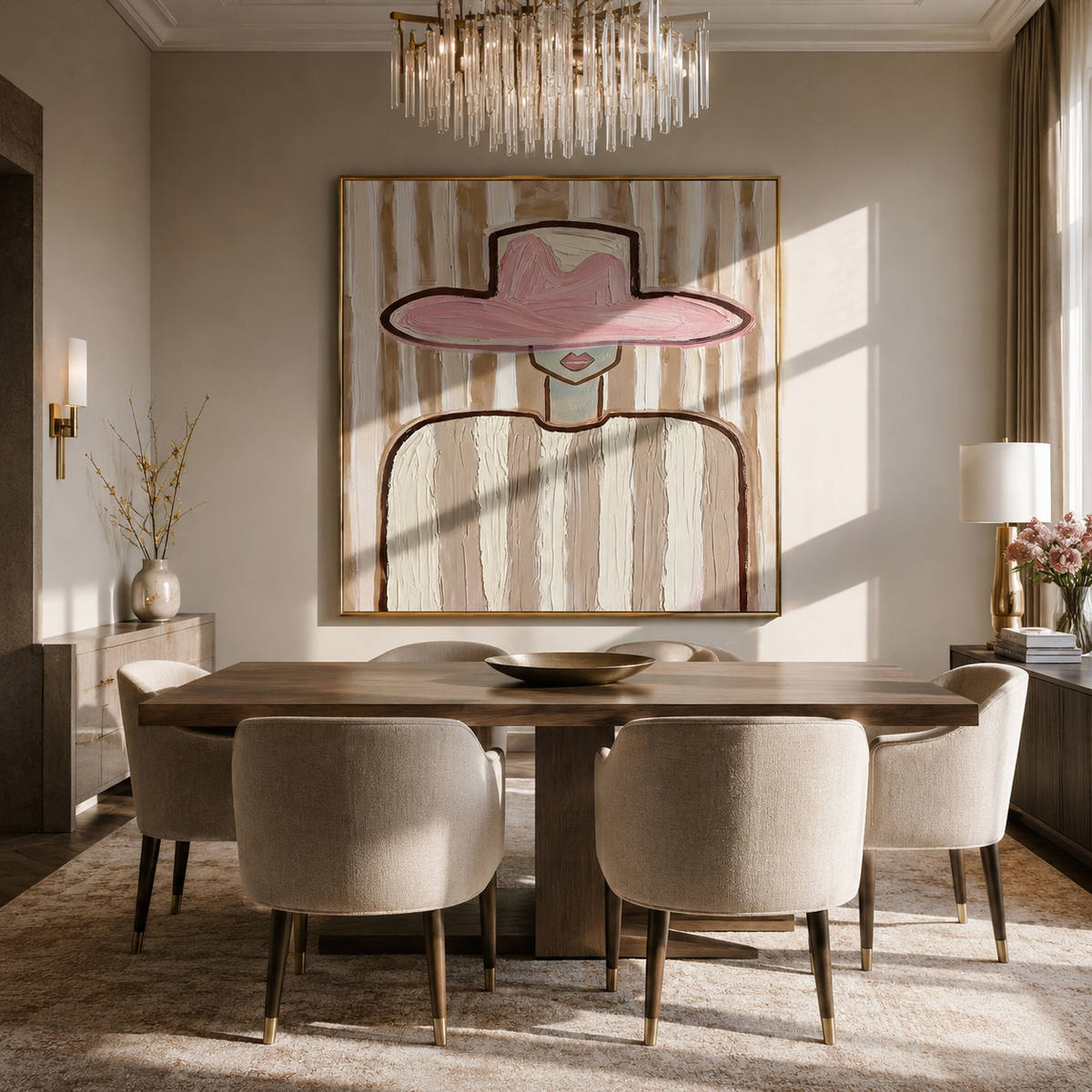 Pink Brim Poise presented over an entryway console in a contemporary home