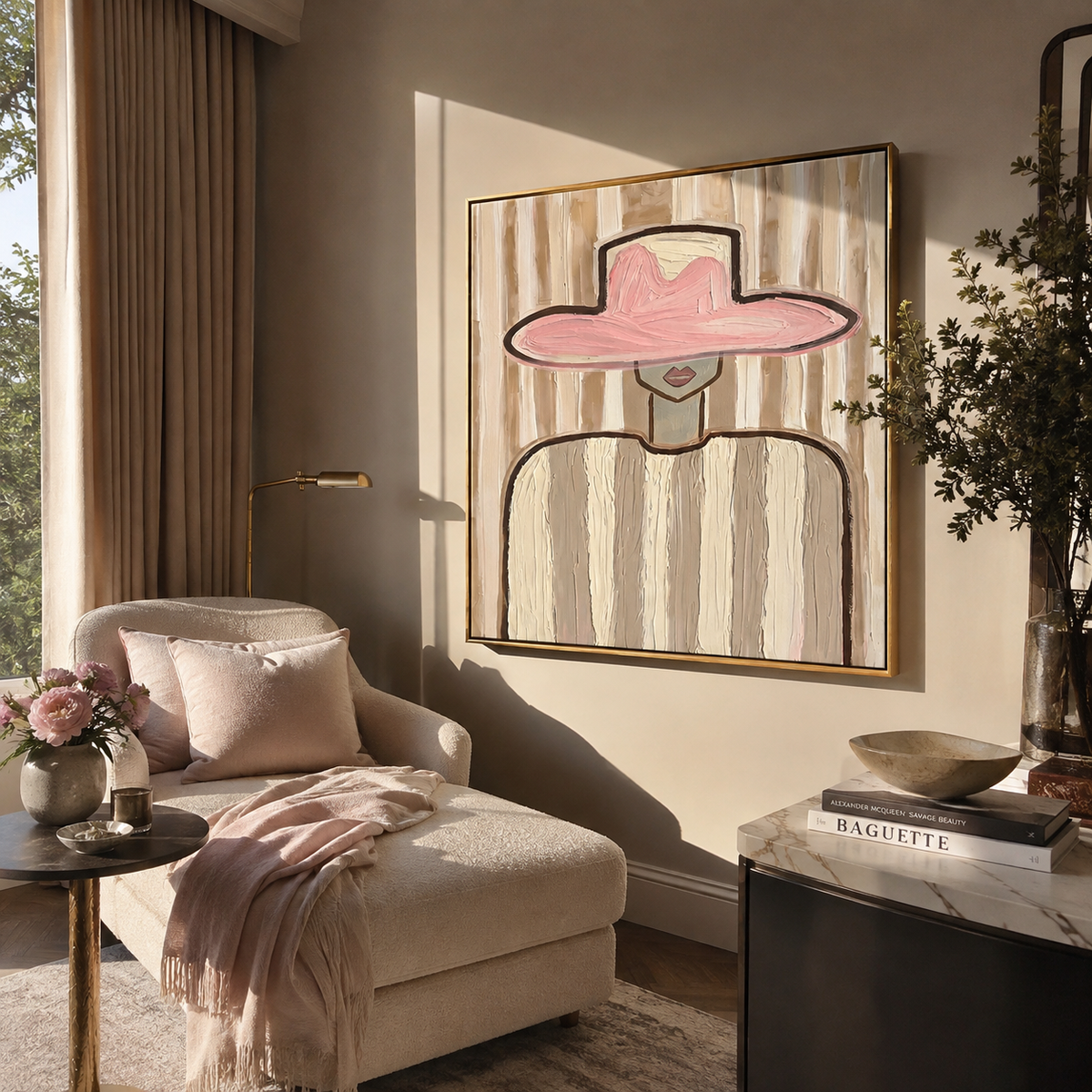 Pink Brim Poise styled above a bed in a calm, layered bedroom interior
