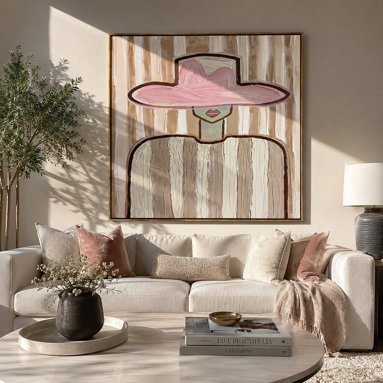 Pink Brim Poise displayed above a living room sofa in a warm modern interior