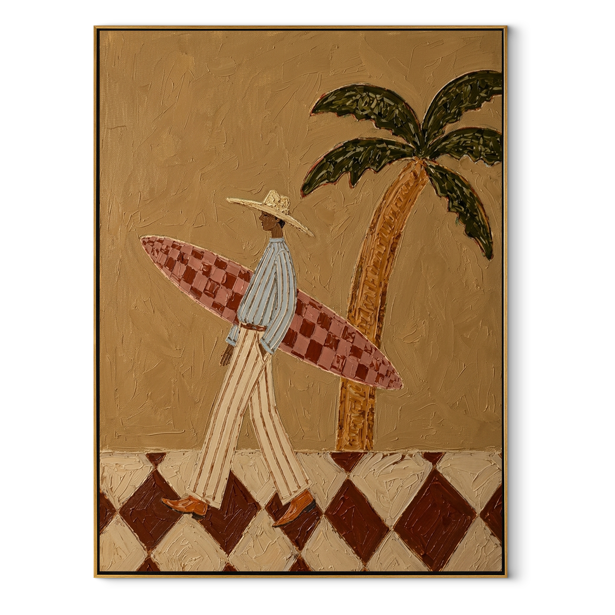 Surfboard Under the Palm earth-tone coastal painting with walking figure and pink board, vertical canvas artwork