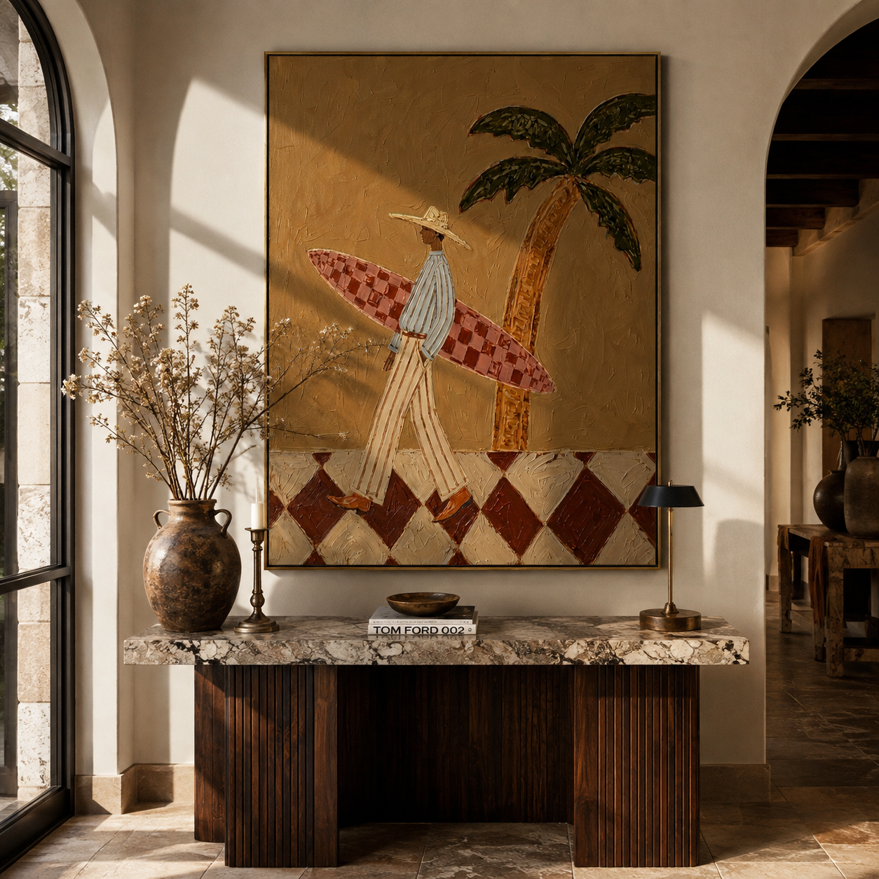 Surfboard Under the Palm styled in a quiet reading nook with neutral furnishings