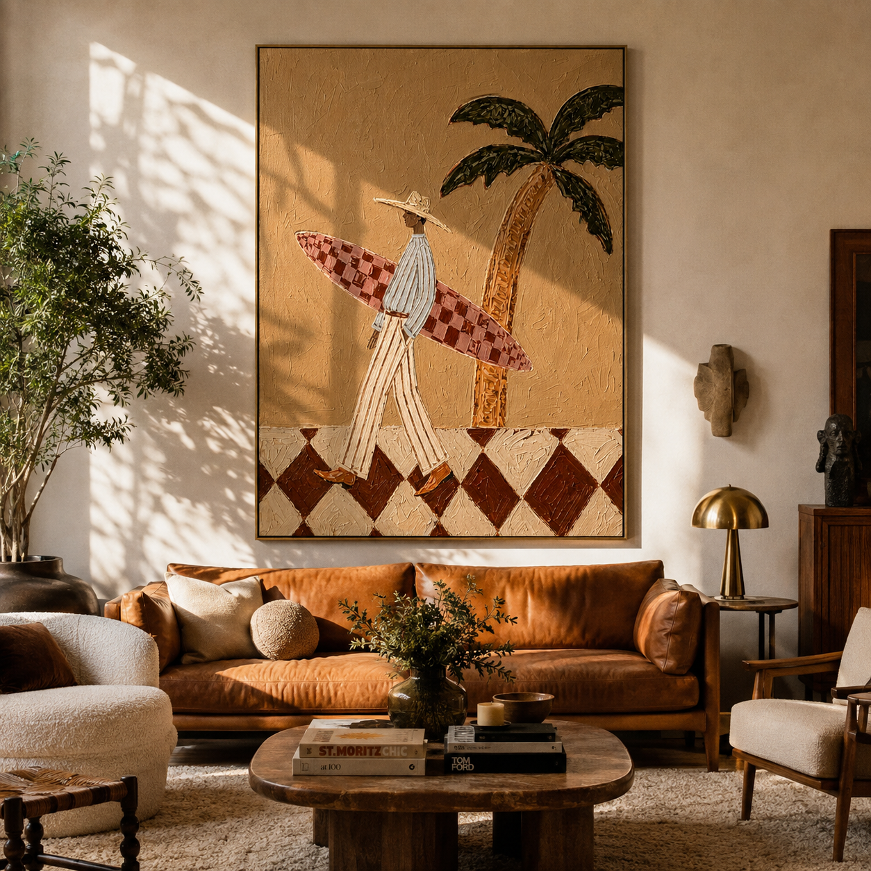 Surfboard Under the Palm displayed in a dining room with coordinated modern decor