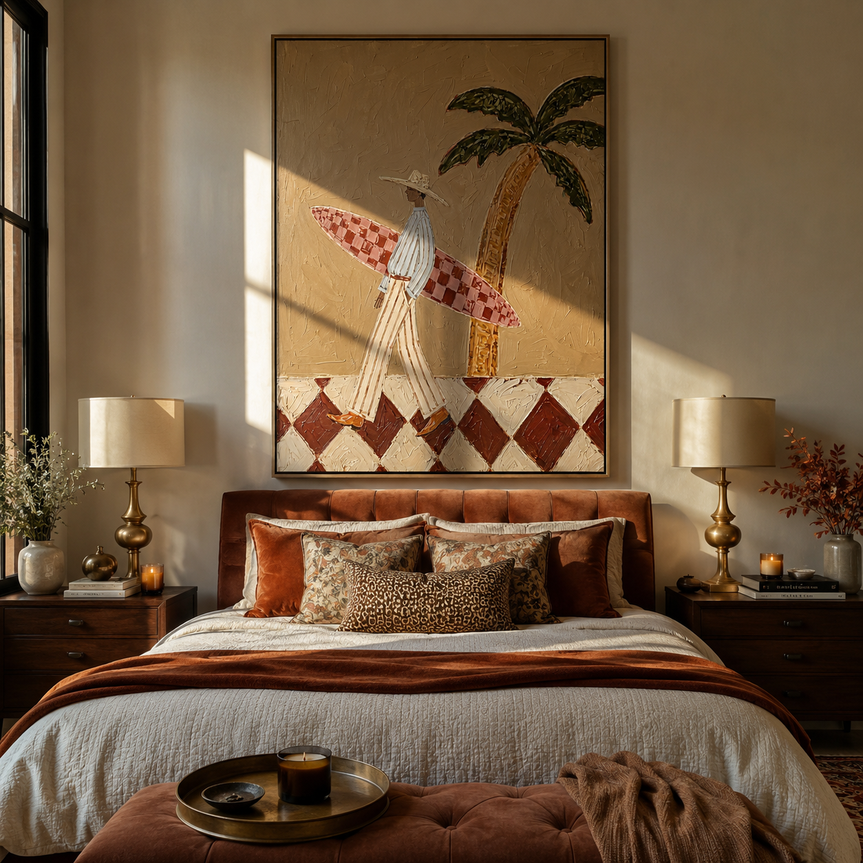 Surfboard Under the Palm styled above a bed in a calm, layered bedroom interior