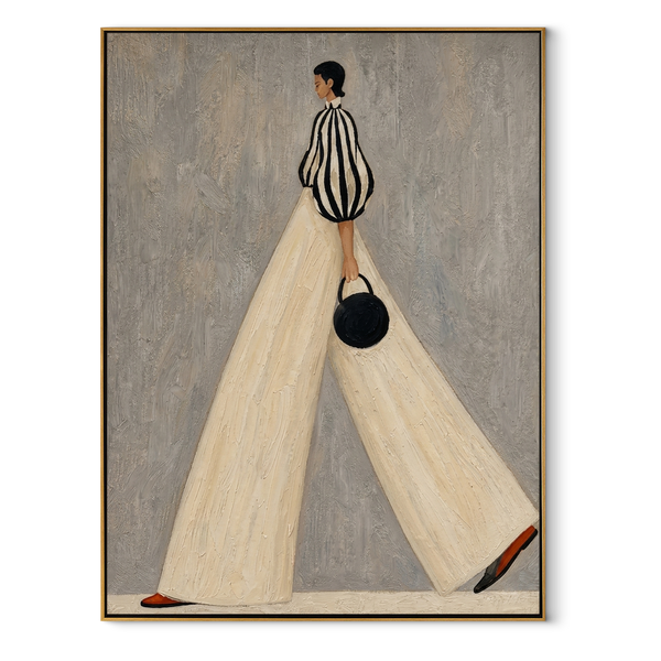 Stride in Ivory Lines – Black and White Fashion Figure Painting | Minimalist Vertical Wall Art