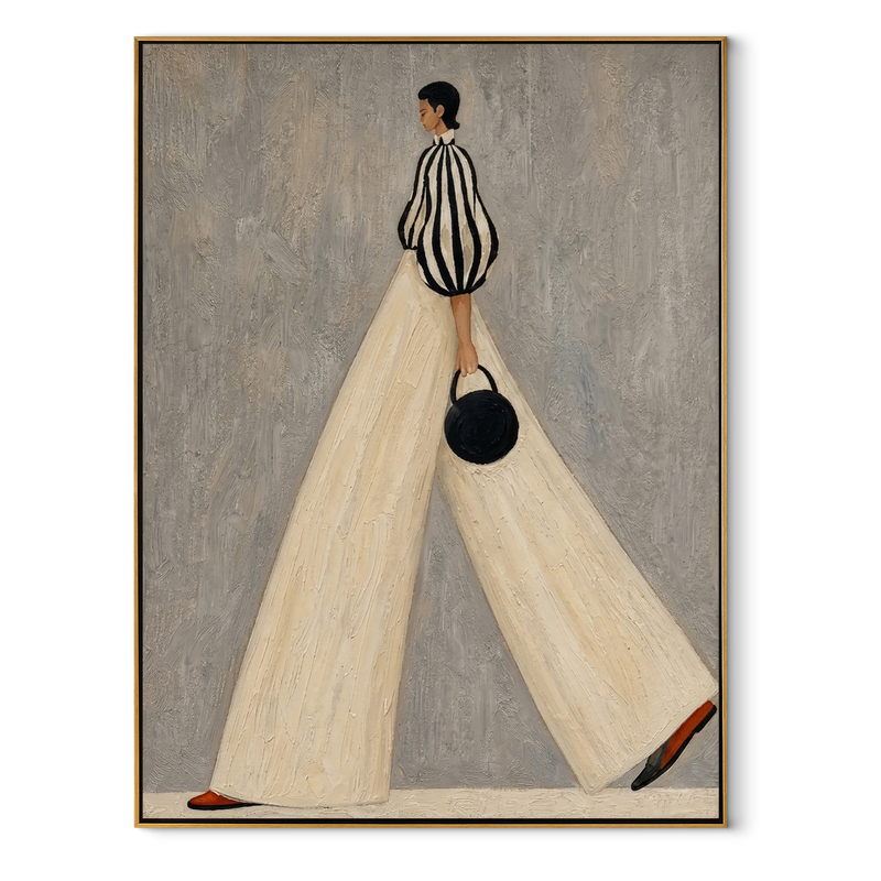 Stride in Ivory Lines – Black and White Fashion Figure Painting | Minimalist Vertical Wall Art