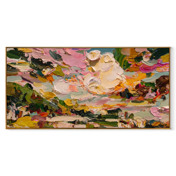 Petal Clouds Unfolding – Pink Green Abstract Landscape Painting | Modern Panoramic Living Room Wall Art