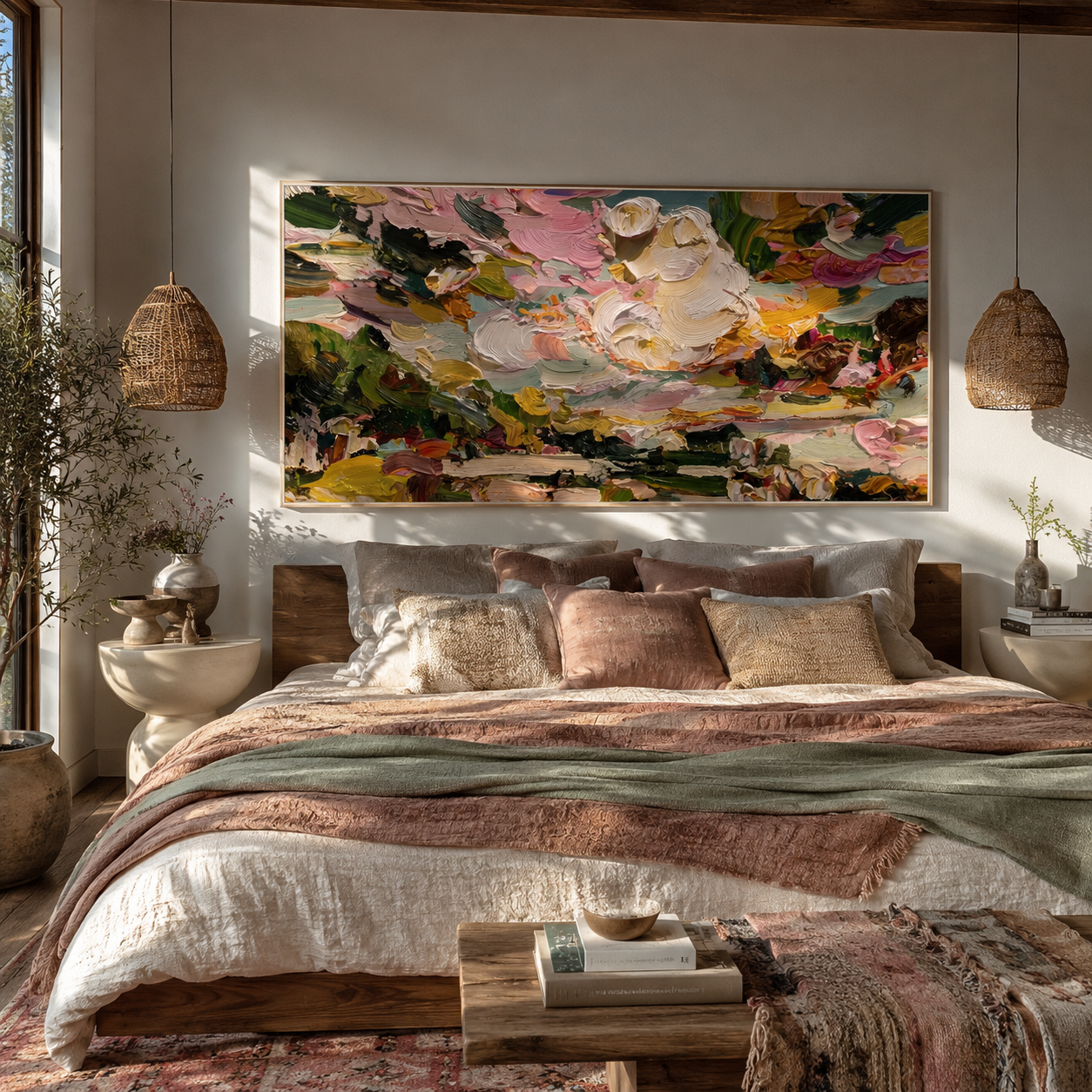 Petal Clouds Unfolding styled in a quiet reading nook with neutral furnishings
