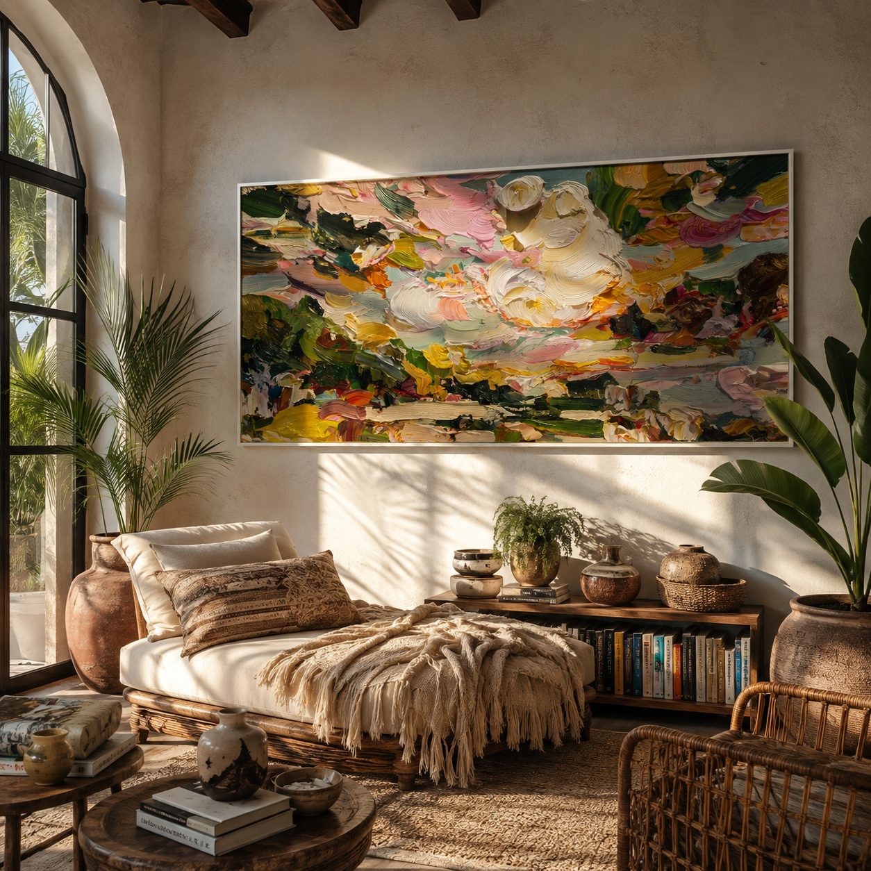 Petal Clouds Unfolding styled above a bed in a calm, layered bedroom interior