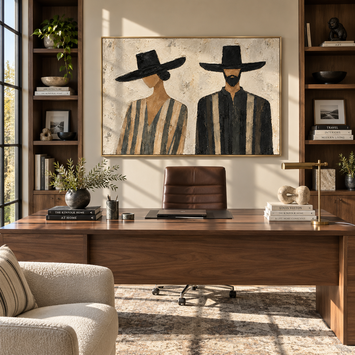 Two Brims Share the Silence - two wide-brim striped figures painting, modern figurative horizontal textured wall art - displayed over a walnut sideboard