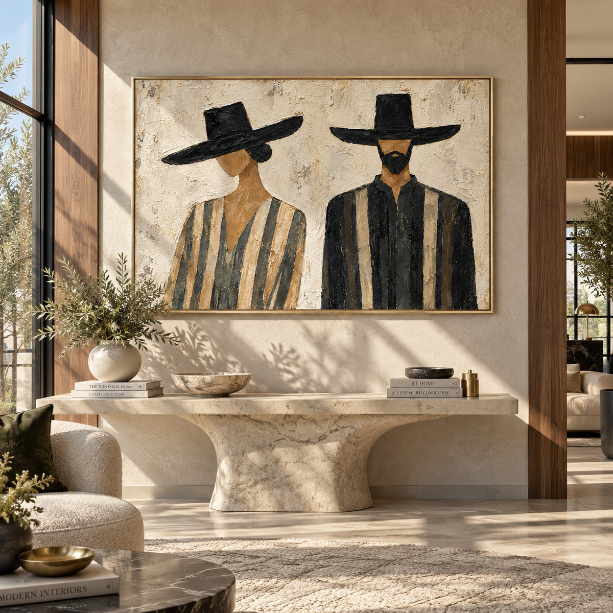 Two Brims Share the Silence - two wide-brim striped figures painting, modern figurative horizontal textured wall art - displayed in a boutique hotel lounge
