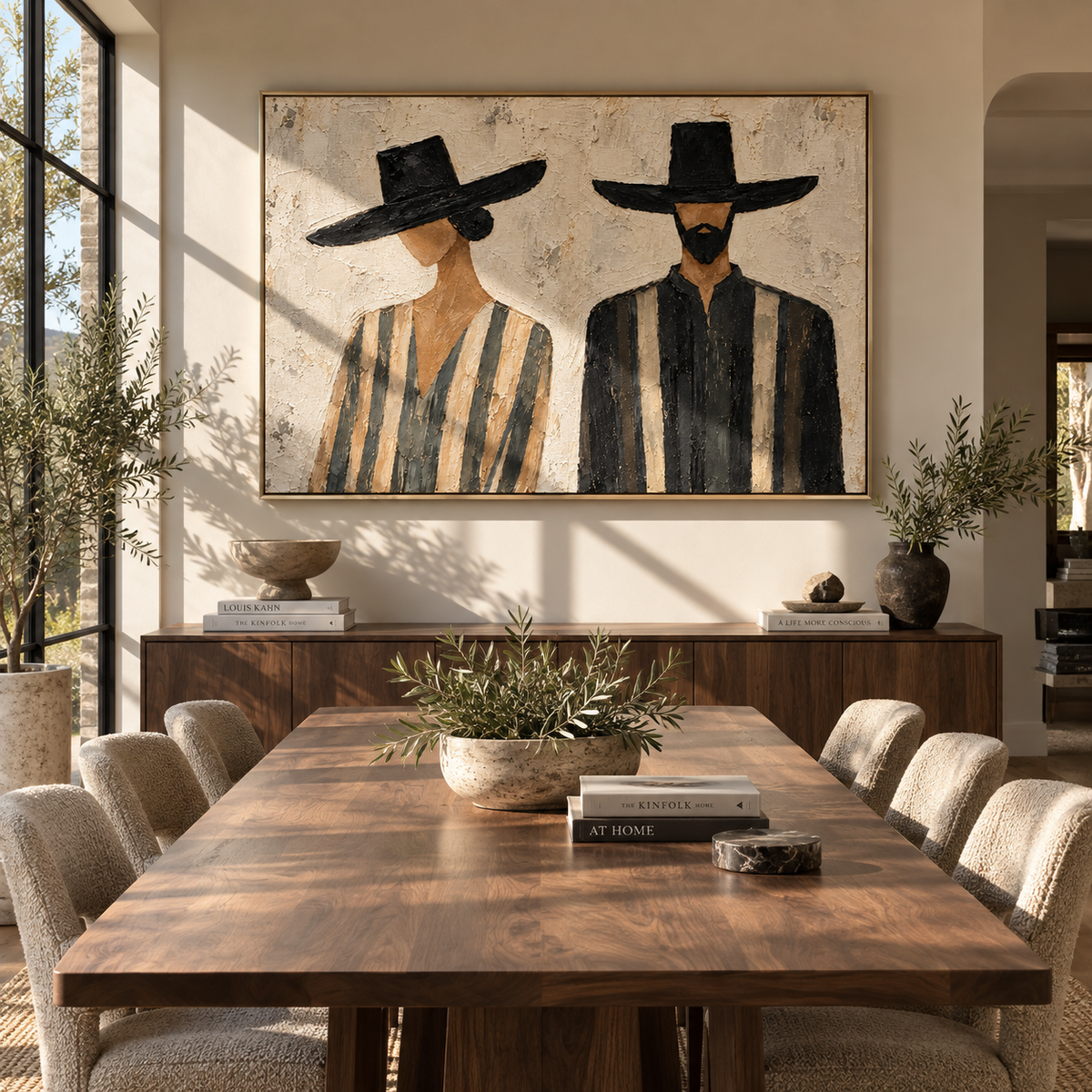 Two Brims Share the Silence - two wide-brim striped figures painting, modern figurative horizontal textured wall art - displayed above a dining console