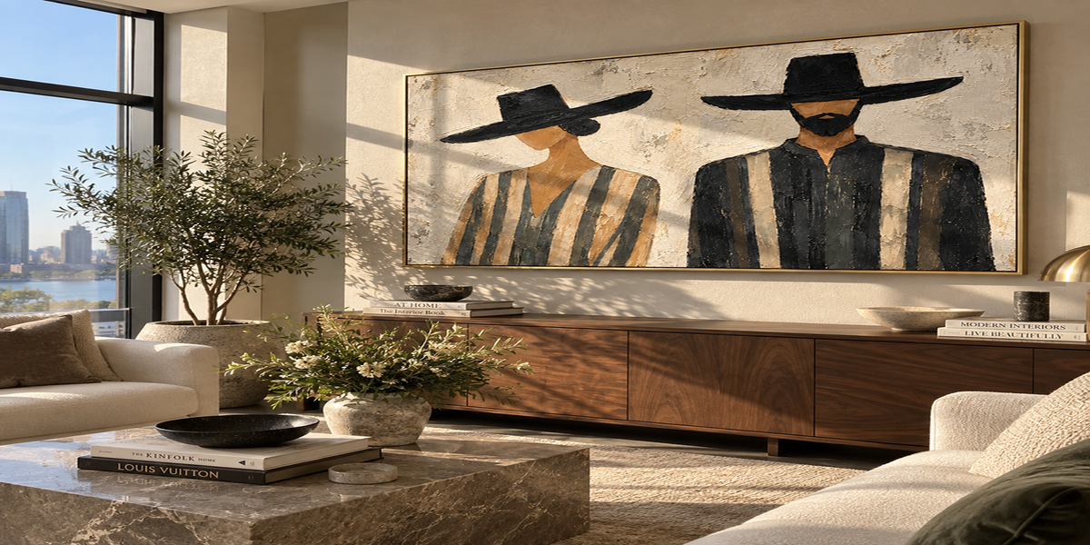 Two Brims Share the Silence - two wide-brim striped figures painting, modern figurative horizontal textured wall art - displayed across a quiet living room wall