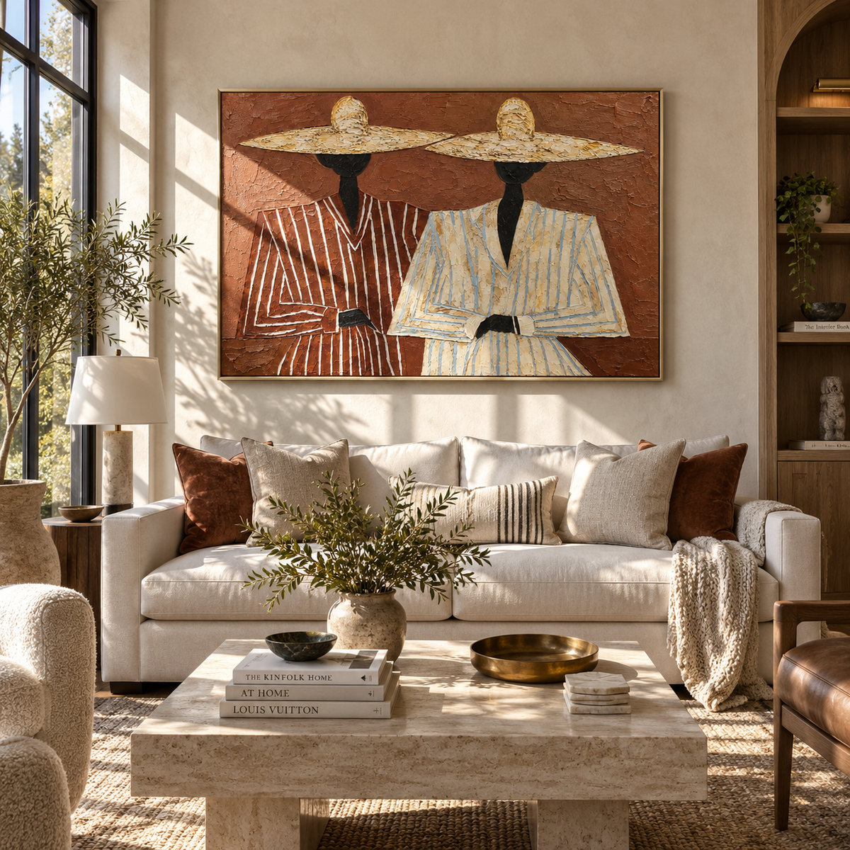 Straw Hats Meet Terra - twin straw-hat figures painting, modern figurative horizontal textured wall art - displayed above a warm living room sofa